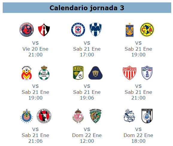 Calendario de la jornada 3 del clausura 2017 del futbol mexicano
